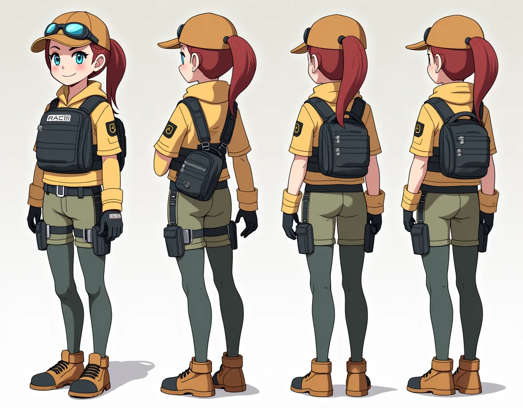 Sonia,pokemon,Standing Girl, cute, 1 girl, , 4-sided design, Diagonals, front, back, profile, Head to body ratio 5, character sheet, whole body, simple background, Four perspectives, tactical gear, bulletproof vest, Good quality, high detail, researcher,Pokemon bowser,ultra detailed, masterpiece, best quality, aesthetic, detailed
