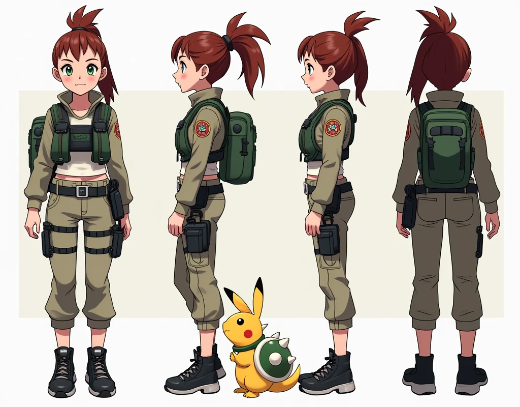 Sonia,pokemon,Standing Girl, cute, 1 girl, , 4-sided design, Diagonals, front, back, profile, Head to body ratio 5, character sheet, whole body, simple background, Four perspectives, tactical gear, bulletproof vest, Good quality, high detail, researcher,Pokemon bowser,ultra detailed, masterpiece, best quality, aesthetic, detailed