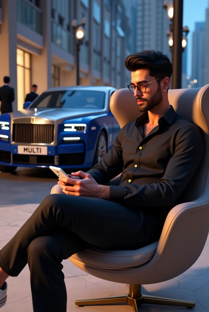 Create a 3D illustration featuring a realistic 20 year-old beautiful young Boy with black shirt and black Teens, white iPhone 15 pro max holding in hand on a Wingback chair, wearing white sneakers, beautiful hair, luxury  glasses, he looks ahead. Blue ROLLS ROYCE Ghost of side, with name "multi" Write on Number plate, 3d art painting realistic photo with two security guard in my background With security dressing, on Dubai in night view 