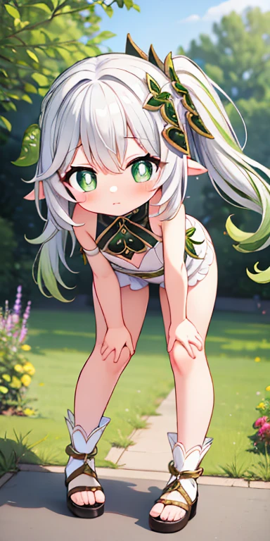 nude, naked, loli, flat chest, outside, blowing a kiss, winking, smiling, daylight, short, small, pointy ears, elf ears