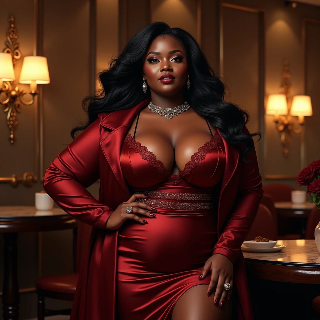 (photorealism:1.2),ebony plus-size bbw curvaceous dark chocolate skinned tone melanin woman with a commanding findom persona wearing sexy designer clothing such as dresses, lingerie, robes, bdsm style and Jewlery in a high-end luxury setting such as resorts, coffee shops, big city, restaurants, and spa exuding power and wealth showing the full body , long hair, short hair, bob hairstyle, wet and wavy hair