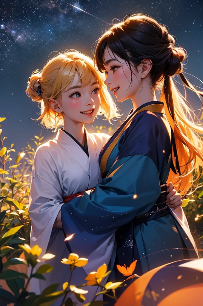 On a starry night, two beautiful girls in kimonos are looking at each other, smiling and having fun with their faces close together.