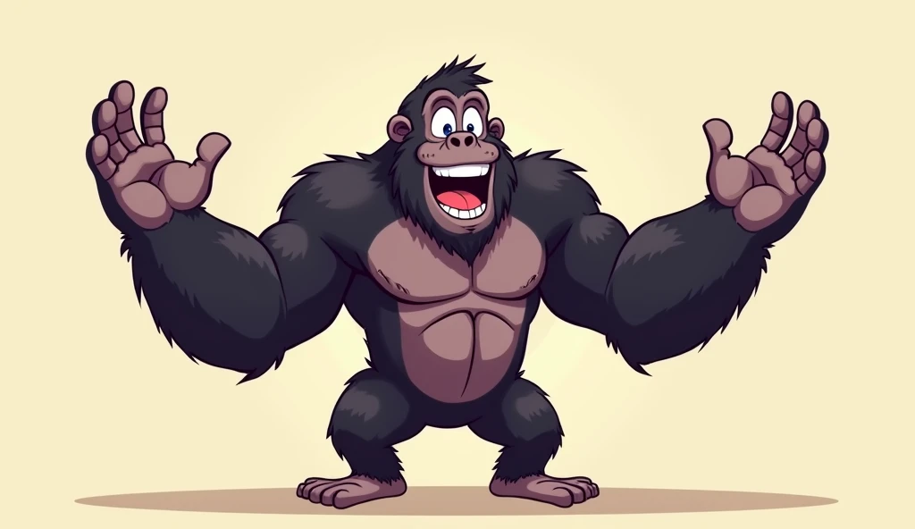 An animated gorilla waving with both hands,
He is very strong and he is smiling, surprised