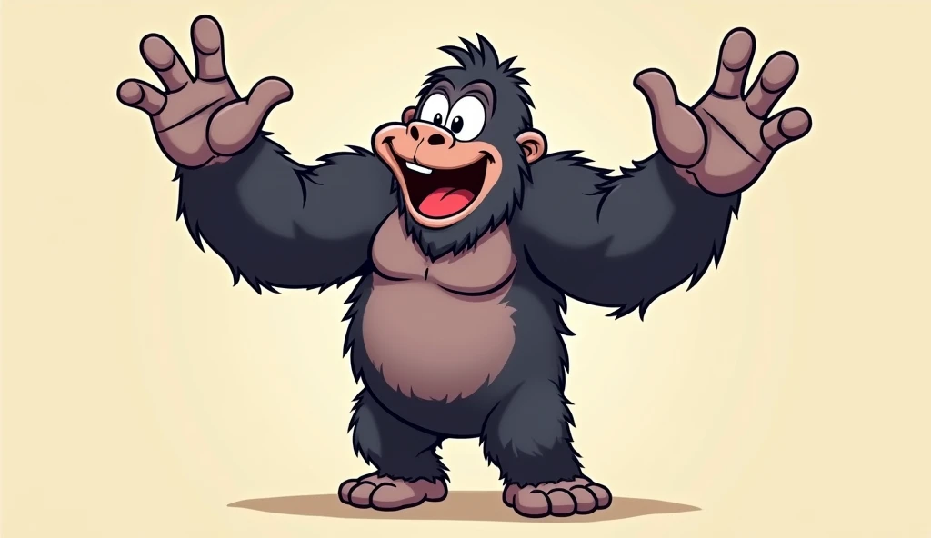 An animated gorilla waving with both hands,
He is very strong and he is smiling, surprised