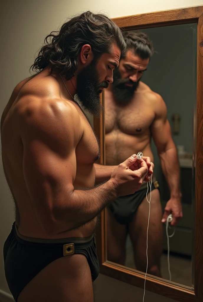 Strong, hairy, bearded, mixed race Brazilian man in front of the mirror, naked, from the belly down, dental floss, very hairy groin, only bust showing.