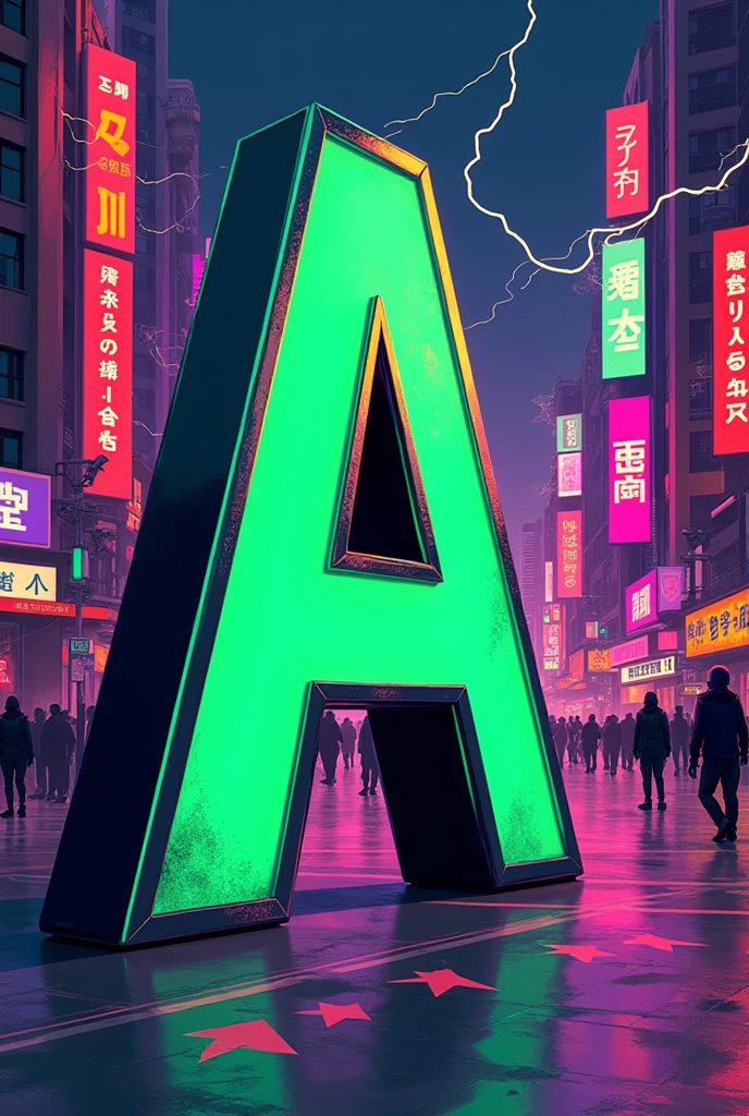 The letter a is next to the number 5., pop city style, green , purple , theme lightning