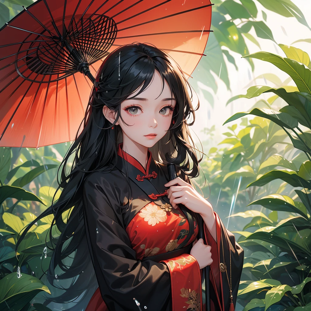 A beautiful girl with black long hair, wear red-black ancient chinese clothes, with the sun shining on her face, close up.
Stand holding an umbrella to protect from the rain. Rain fell and splashed around. There are water droplets falling on the leaves in the surrounding area, green and moist, the atmosphere after rain.