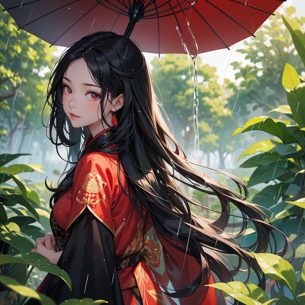 A beautiful girl with black long hair, wear red-black ancient chinese clothes, with the sun shining on her face, close up.
Stand holding an umbrella to protect from the rain. Rain fell and splashed around. There are water droplets falling on the leaves in the surrounding area, green and moist, the atmosphere after rain.