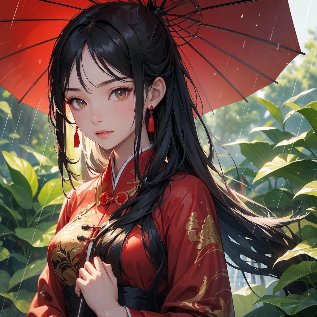 A beautiful girl with black long hair, wear red-black ancient chinese clothes, with the sun shining on her face, close up.
Stand holding an umbrella to protect from the rain. Rain fell and splashed around. There are water droplets falling on the leaves in the surrounding area, green and moist, the atmosphere after rain.