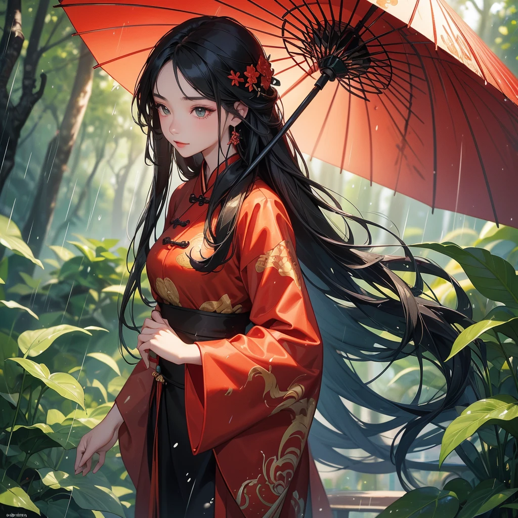 A beautiful girl with black long hair, wear red-black ancient chinese clothes, with the sun shining on her face, close up.

Stand holding an umbrella to protect from the rain. Rain fell and splashed around. There are water droplets falling on the leaves in the surrounding area, green and moist, the atmosphere after rain.