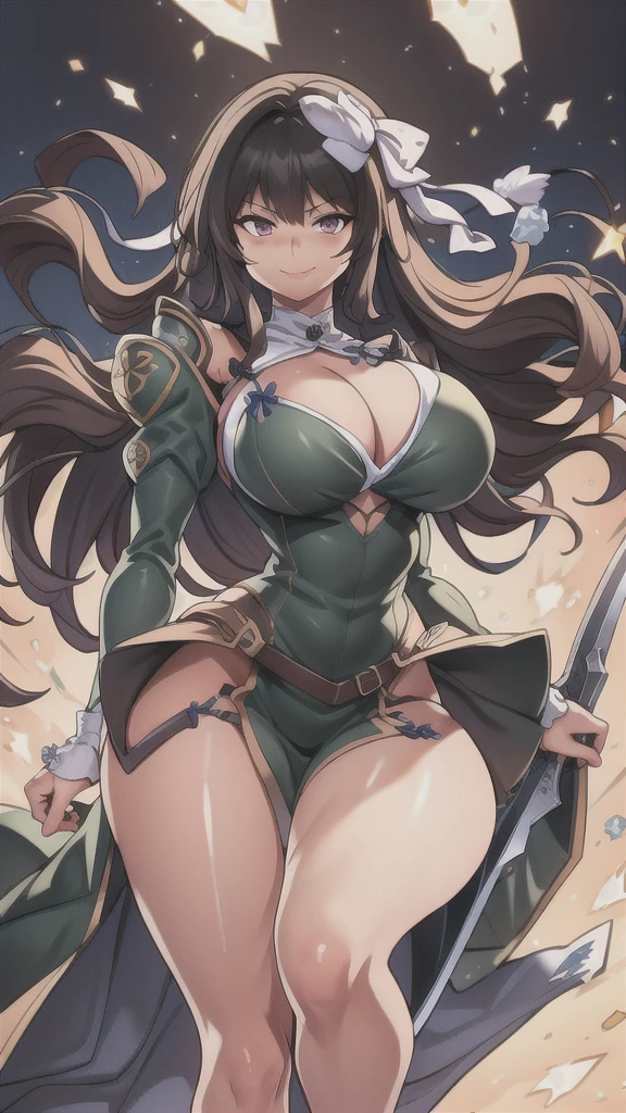 masterpiece,best quality,kim_kwang_hyun, 1girl,kashino, Brown large Long hair, big busty , large huge breasts, looking at viewer, pink eyes, Brown large Long hair, bangs, large huge breasts, long sleeves, dress, cleavage, closed mouth, Long weapon((sword)), puffy sleeves, arm up, clothing cutout, copyright name, green dress, cleavage cutout, juliet sleeves , power armor, shoulder armor, Brown long hair,  smirk, pink eyes 