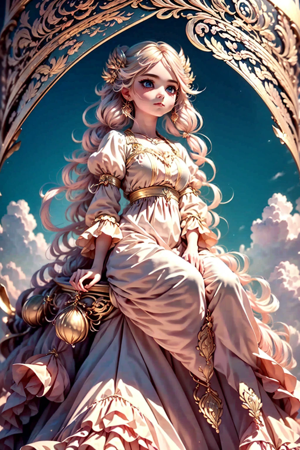 (best quality,4k,8k,highres,masterpiece:1.2),ultra-detailed girl anime character, very long twintail pinkgold hair, mythology, traditional europe mythology dress, gorgeous hair accesories, gorgeous dress,high detailed, pastel color mood and tone background.