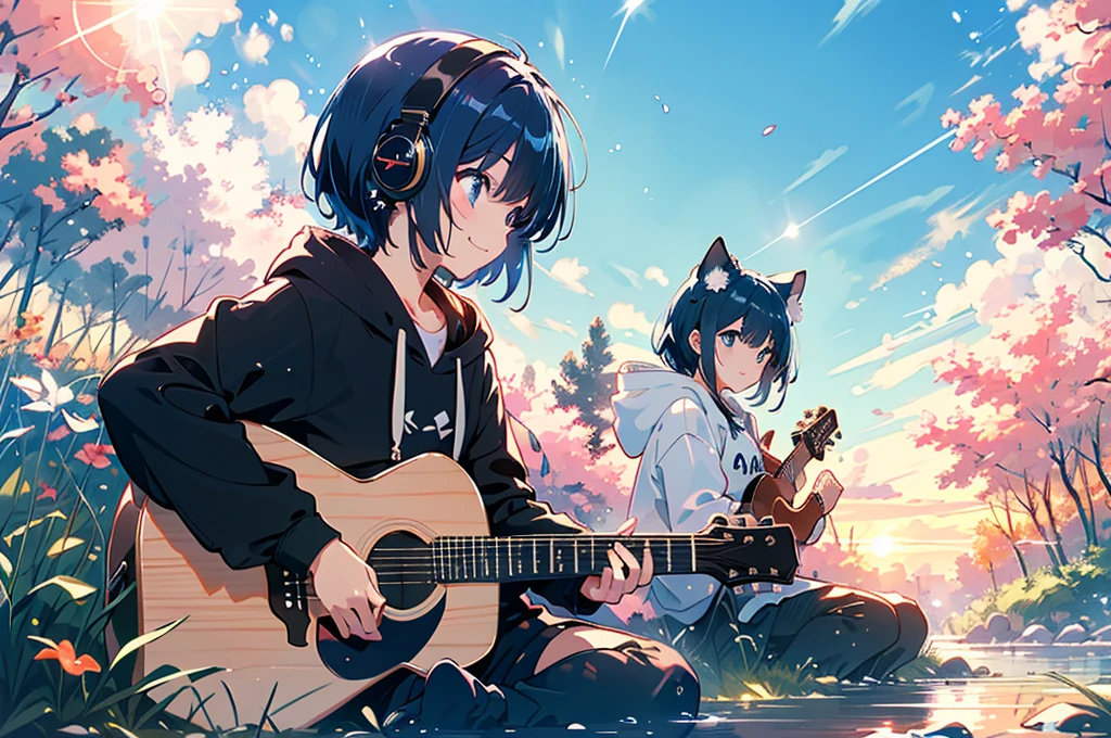 Absurd, High resolution, relax time, Fantastical light particles, Lens flare,A big smile、Blue Hair、(Red headphones:1.4)、(White hoodie:1.2)、One girl、Sitting and playing guitar、(Wide angle of view:1.2)、(Shooting from a distance:1.2)、The river bank where the setting sun shines、One black cat、Cherry tree