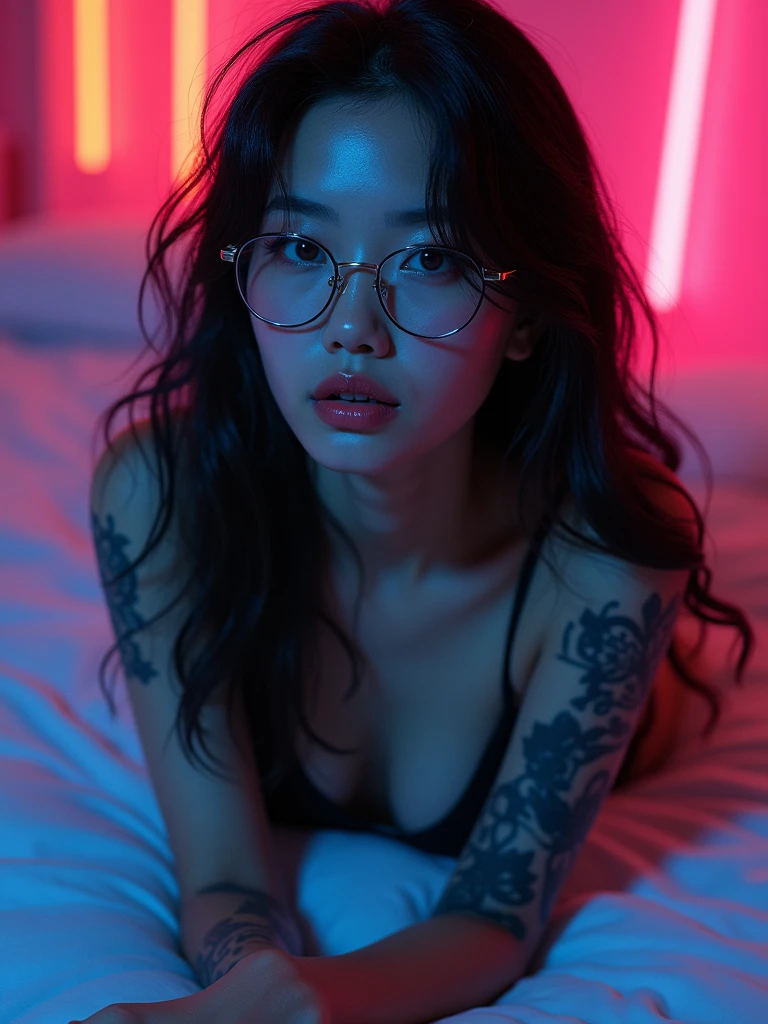 Beautiful Naked Asian Girl with black hair, inexplicable beauty, beautiful eyes, beautiful lips and beautiful long black hair, with small waves at the ends, with tattoos, lying on the bed posing with glasses, with neon background colors