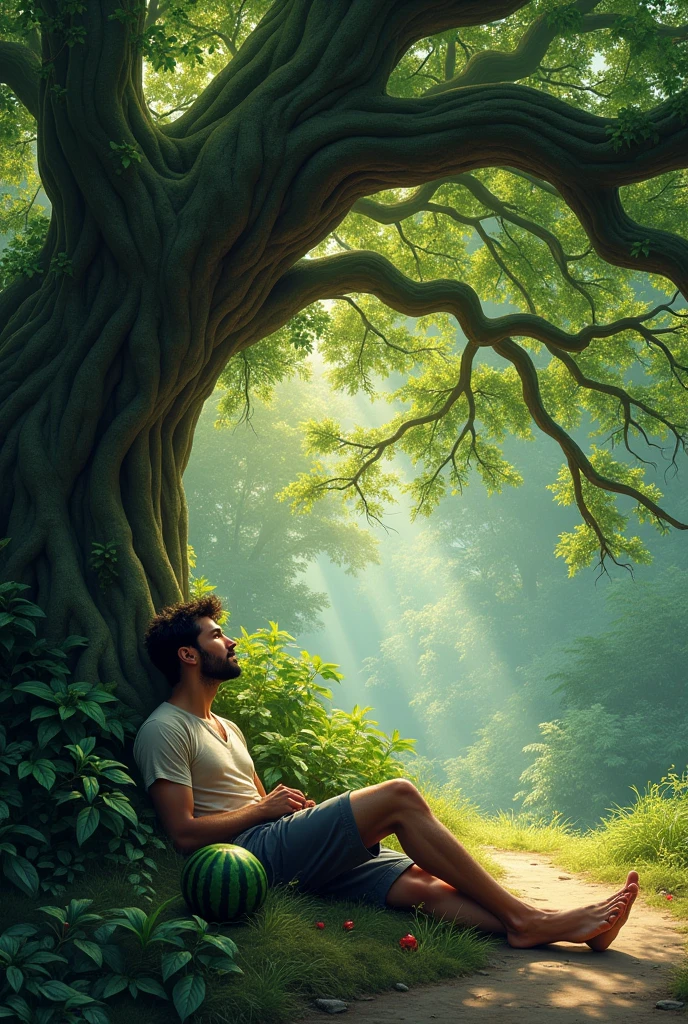 A man is lying under a banyan tree and he is thinking of watermelons