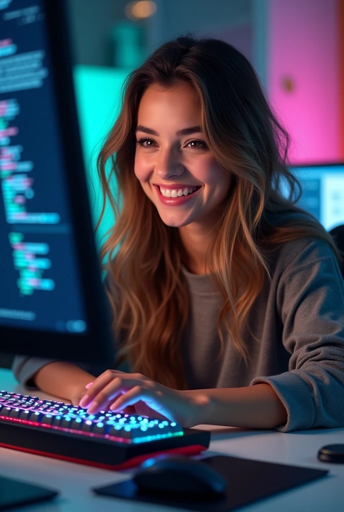 hot young girl with gaming keyboard an prectice typing test in landscape 80 wpm