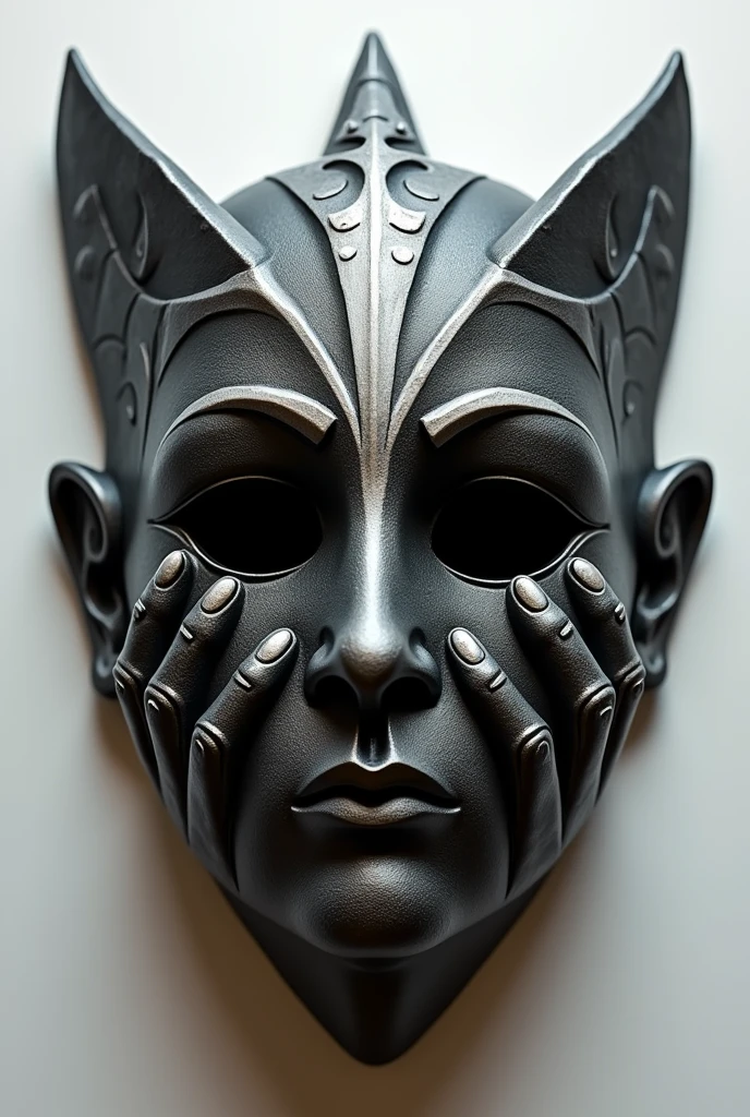 black and white mask with a motif of hands pointing upwards and eyes in the middle