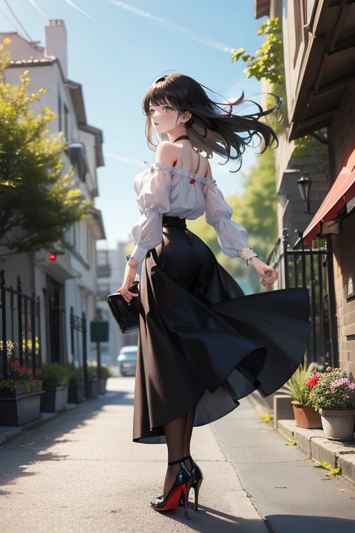 Top Quality, 1girl, full body ,from behind ,(Hollow skin), (day), bright, blur background, outdoors, (Street:0.6), (hair:1.5), black hair, (Blouse:1.5), maxi skirt, louboutin high heels, superb, (Hair flotation:1.5), soft light, wind, garden, Street