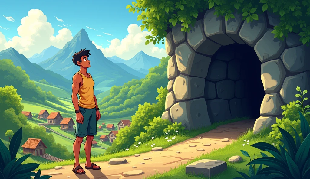 A 25 years boy had one goal in life: to develop his village and help his parents. He thought that if he could find this treasure in cave, the fate of the village could change. He is imaging all this cartoon pic