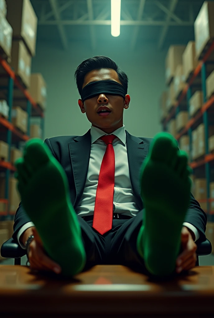 Malaysia malay handsome 21 years celebrity
His handcuff  in warehouse 
Blindfolded
Black Suit and Red tie
feet on desk
feather
shoes on desk 
5 toes each feet 
Green sock
Smock effect smelly sock
1 man take off  his socks
1 another man tickling his feet using feather
He laugh very hard