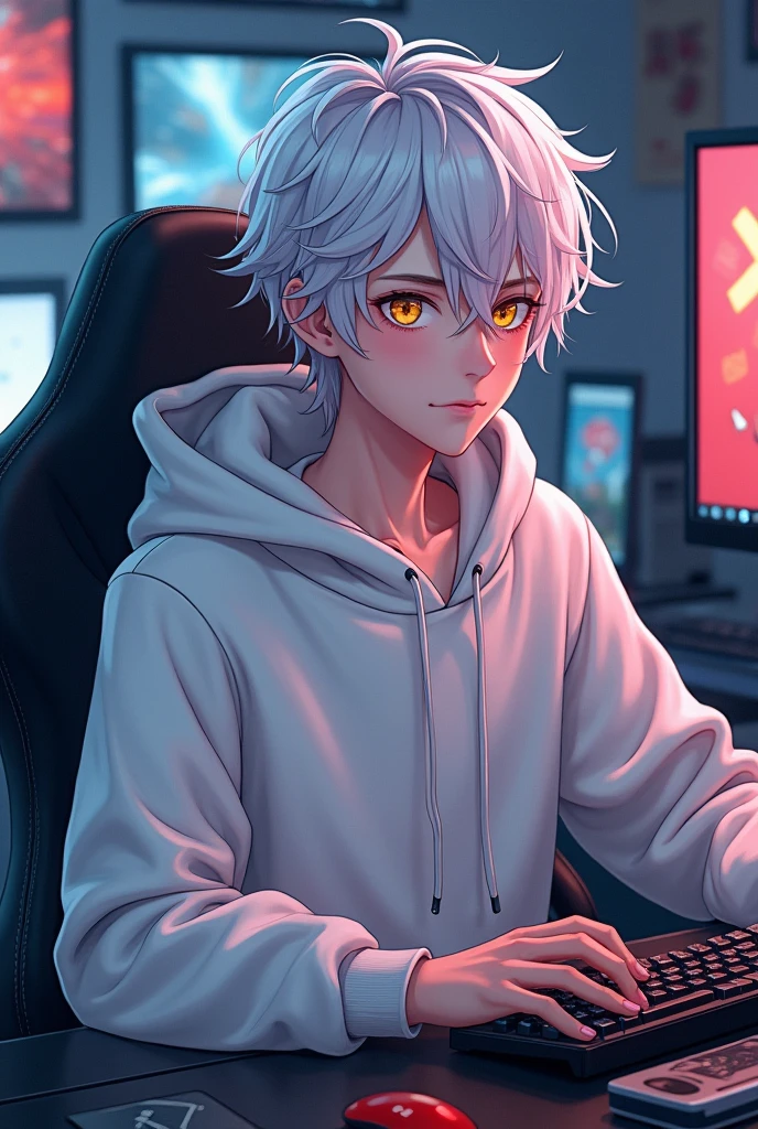 An handsome young Japanese man with white messy hair and golden eyes. White hoodsweater. A bit skinny. Sat on a chair with his gaming set up. Anime.