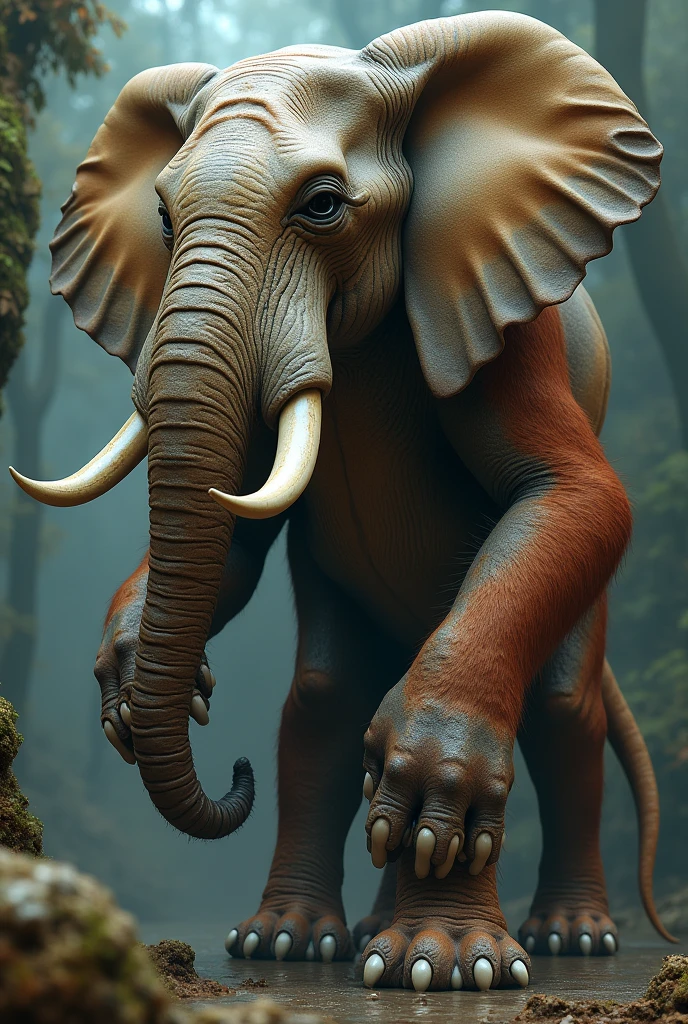 Head elephant with orang utan body and tiger foot and crocodile tail