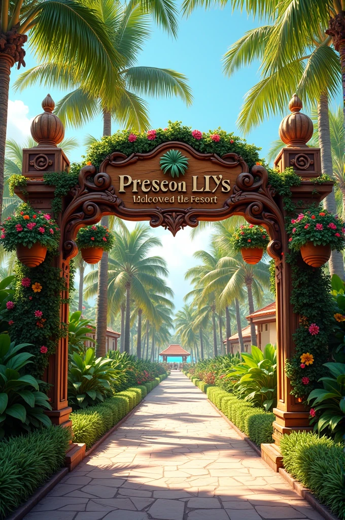 Resort signage entrance with tropical landscape realistic photos