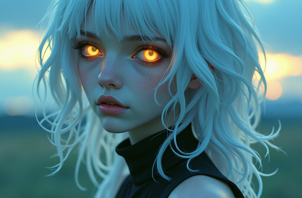 mksks style, 1girl, cute, surrounded by yellow lighting, gold eyes, white hair, black background, closeup, no smile, masterpiece, ultra detailed