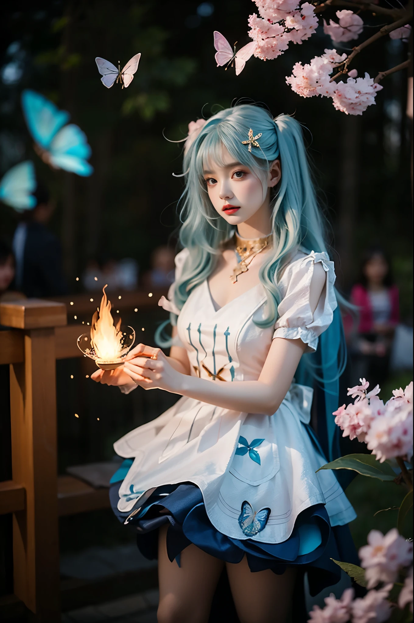 Faruzan_genshin, cowboy shot, aqua hair, long hair, twin tails, x hair ornament, jewelry, white dress, dress, short sleeves, high heels, Elegant posture, She gently lifted her skirt with one hand,头发周围有白色的Butterfly兰，Lilac dendrobium、White Lily, Long legs , Deep in Wonderland, ((Flowing long hair))Official Art , Unity8k Wallpaper , Extremely detailed , Visible cleavage, Pretty and beautiful , 性感Long legs, masterpiece , best quality ,Practical, Very detailed illustrations ,Extremely detailed , Intricate details , Extremely complex and detailed , Very detailed 8KCG wallpaper , Caustics .reflection , Ray Tracing , Devil theme ,nebula ,Dark aura, Network Effects , (1 girl)solitary , 小蓝Butterfly , (Blue plasma flame , (insect , Butterfly)) Pastel tones in Rococo style ,Light white and light dark red , Incredibly beautiful , Cherry blossoms , Surrealism ,painting , Ethereal , Mixing reality and fantasy elements ,Ray Tracing , Complex Mode , Exquisite lines , Perfect your hands, Starry Sky , Colorful , Star