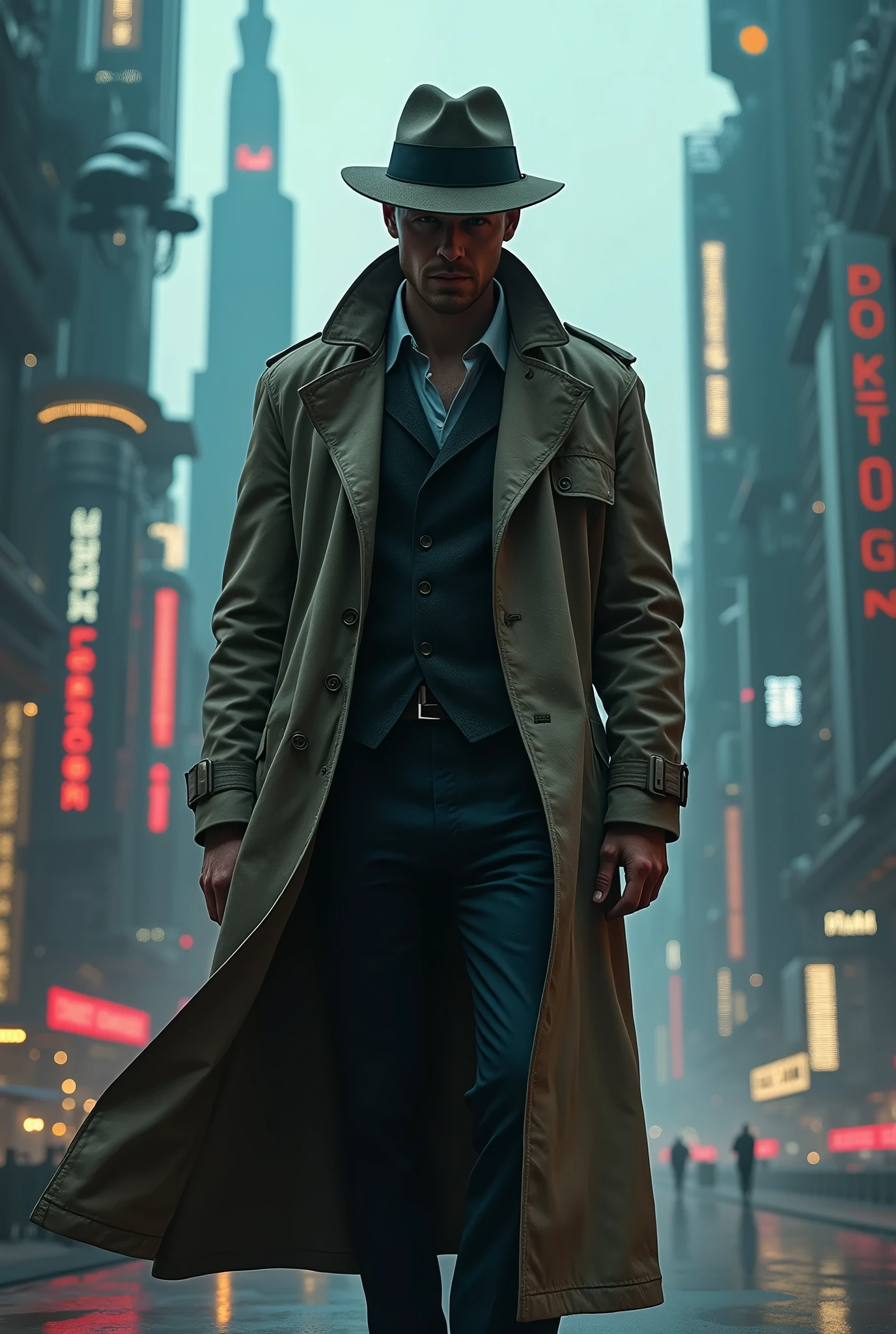"4K image, hyper-realistic of a detective from the past wearing a trench coat and hat in a futuristic city, investigating a murder."