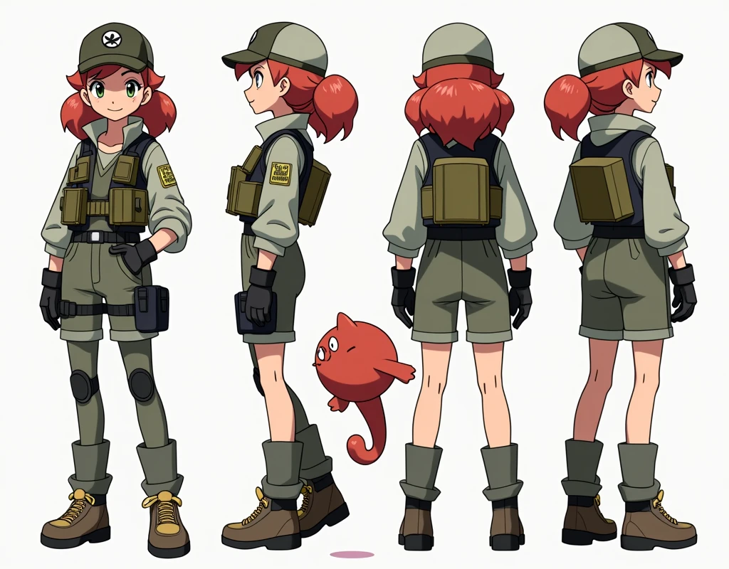 Sonia,pokemon,Standing Girl, cute, 1 girl, , 4-sided design, Diagonals, front, back, profile, Head to body ratio 5, character sheet, whole body, simple background, Four perspectives, tactical gear, bulletproof vest, Good quality, high detail, researcher,Pokemon bowser,ultra detailed, masterpiece, best quality, aesthetic, detailed