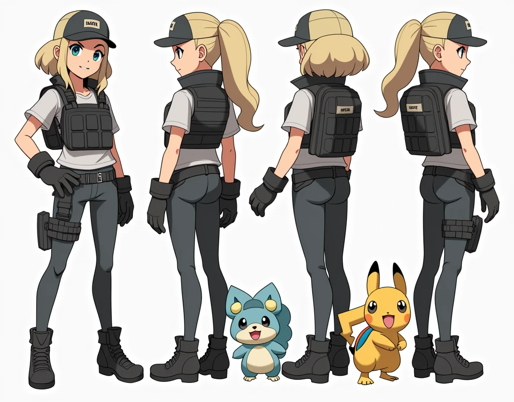 Sonia,pokemon,Standing Girl, cute, 1 girl, , 4-sided design, Diagonals, front, back, profile, Head to body ratio 5, character sheet, whole body, simple background, Four perspectives, tactical gear, bulletproof vest, Good quality, high detail, researcher,Pokemon bowser,ultra detailed, masterpiece, best quality, aesthetic, detailed