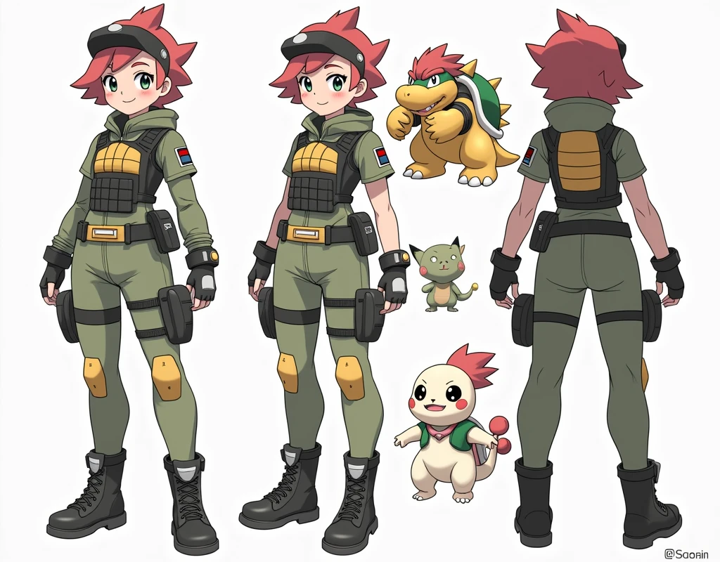 Sonia,pokemon,Standing Girl, cute, 1 girl, , 4-sided design, Diagonals, front, back, profile, Head to body ratio 5, character sheet, whole body, simple background, Four perspectives, tactical gear, bulletproof vest, Good quality, high detail, researcher,Pokemon bowser,ultra detailed, masterpiece, best quality, aesthetic, detailed