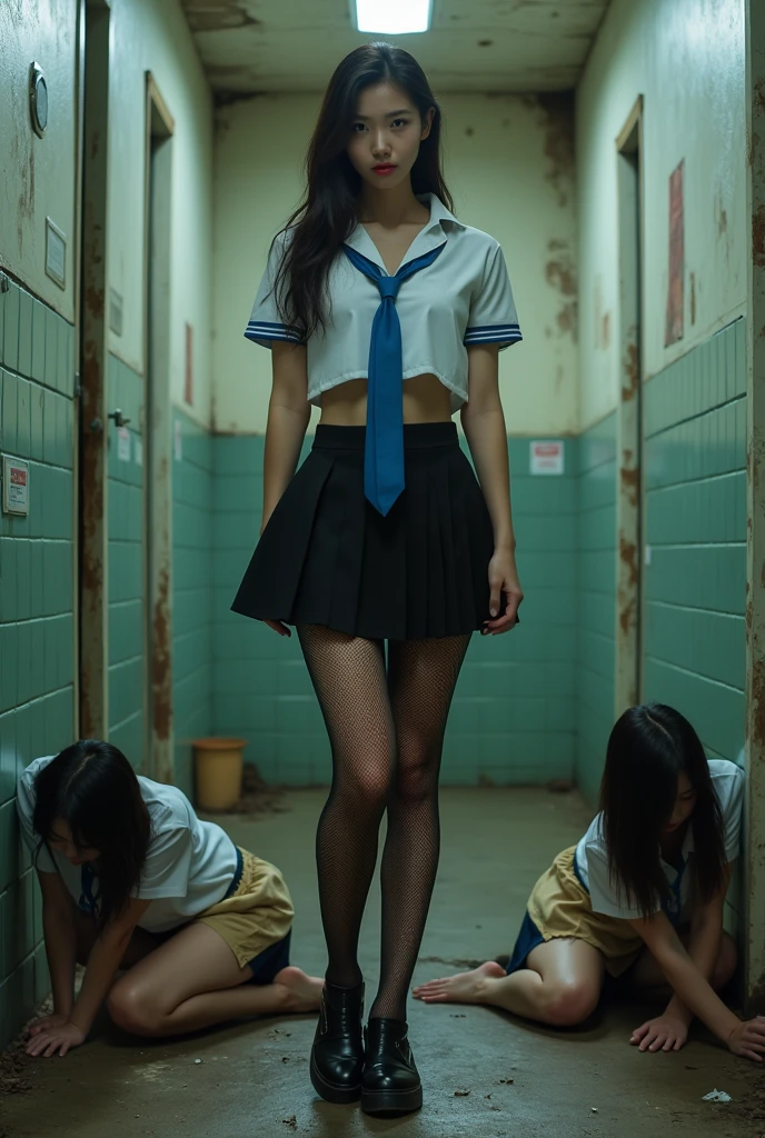 Standing in an abandoned school building,A very cute exhibitionist Korean beauty,Garbage all over the ground,grimy, junk, tmasterpiece, Best quality at best, highly detailed,nakeness ,no clothes are worn,don't have clothes,Body structure in perfect proportions,facing to audience,Resident Evil