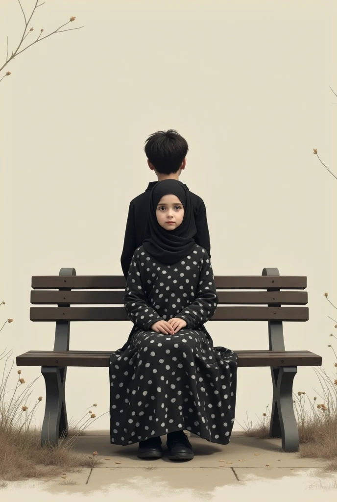A muslim girl sitting in a bench with a full length polka dress and a boy behind the bench with black shirt and black pants . Bench should be facing us