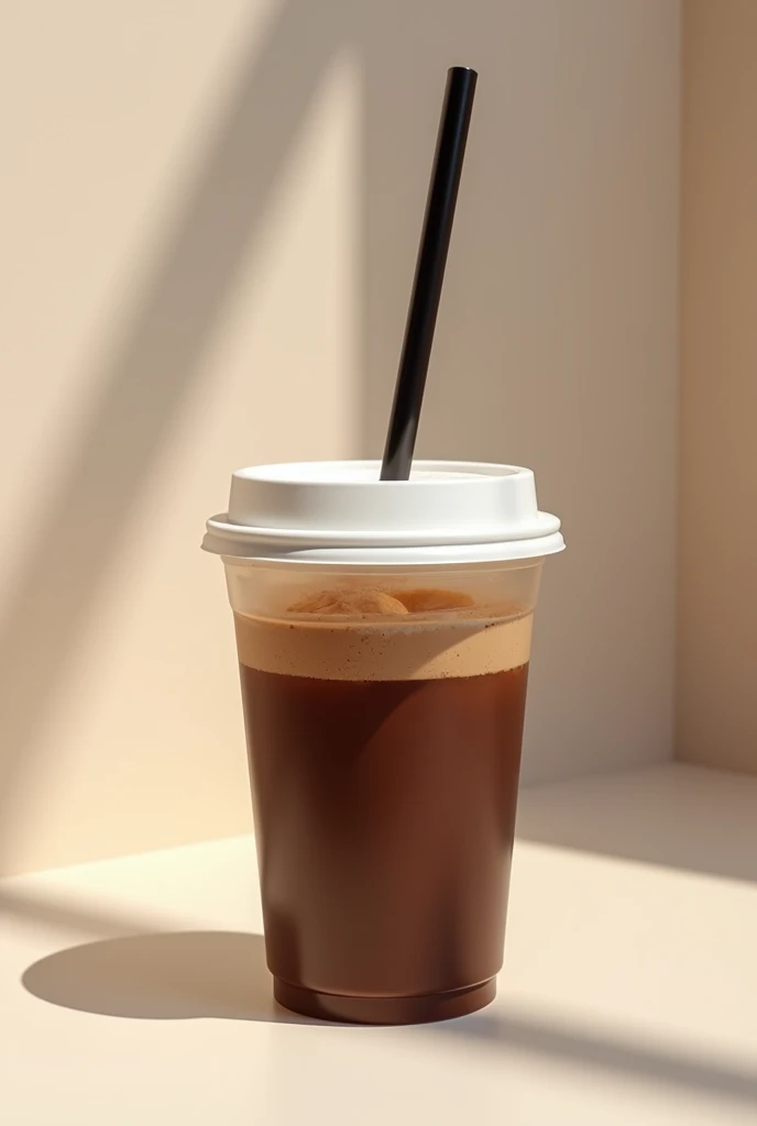 cup containing chocolate coffee with a white plastic lid and a black straw stuck in it, flat plastic lid third person pov, with some shadow.