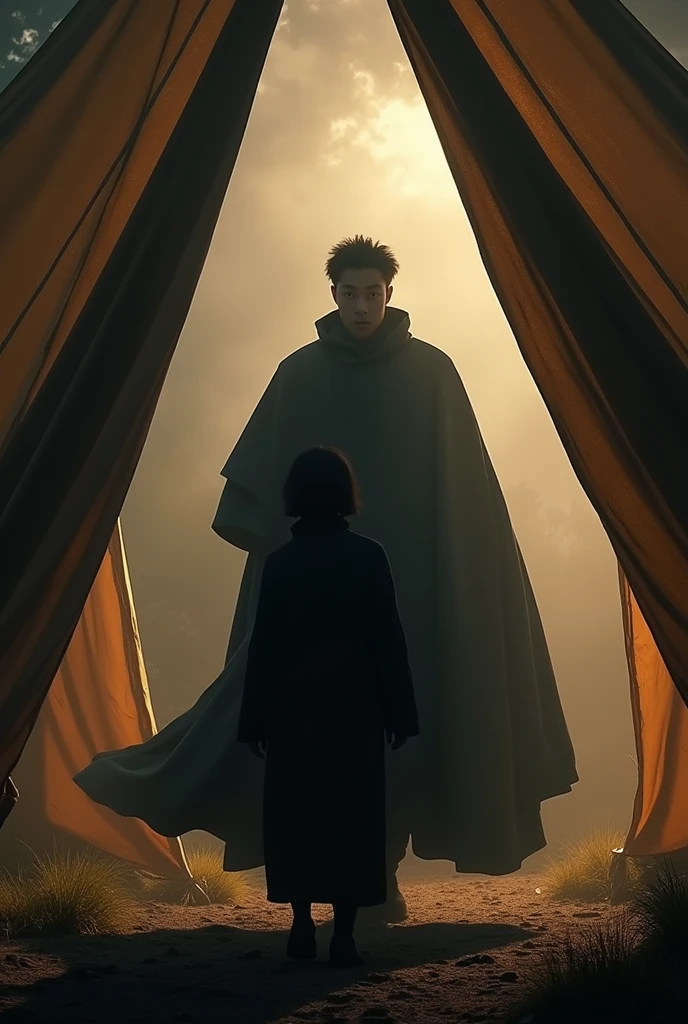 prompt = """
A sudden gust of wind flings open the tent flaps, revealing Satoshi Nakamoto as a shadowy figure in a dark cloak. He strides into the tent with a serious, determined expression, his eyes reflecting a sense of urgency. His cloak billows dramatically as he approaches Yumiko. Yumiko looks up with a mix of surprise and respect. The scene is illuminated with dramatic lighting, capturing the tension and gravity of Satoshi's entrance with the clarity and focus of a JVC GY-HM170UA 4KCAM.
"""