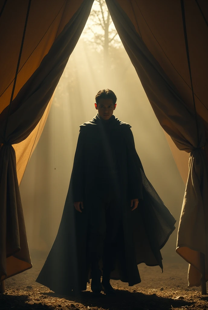 prompt = """
A sudden gust of wind flings open the tent flaps, revealing Satoshi Nakamoto as a shadowy figure in a dark cloak. He strides into the tent with a serious, determined expression, his eyes reflecting a sense of urgency. His cloak billows dramatically as he approaches Yumiko. Yumiko looks up with a mix of surprise and respect. The scene is illuminated with dramatic lighting, capturing the tension and gravity of Satoshi's entrance with the clarity and focus of a JVC GY-HM170UA 4KCAM.
"""