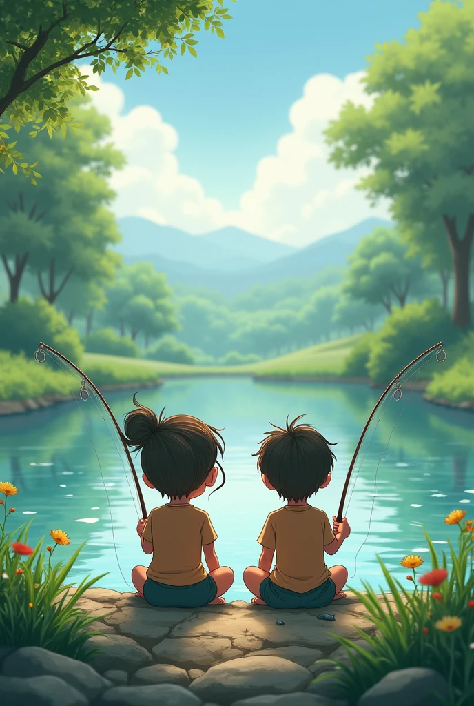 Two sleepy friends fishing, each has a fishing rod, they are on the edge of a stream.