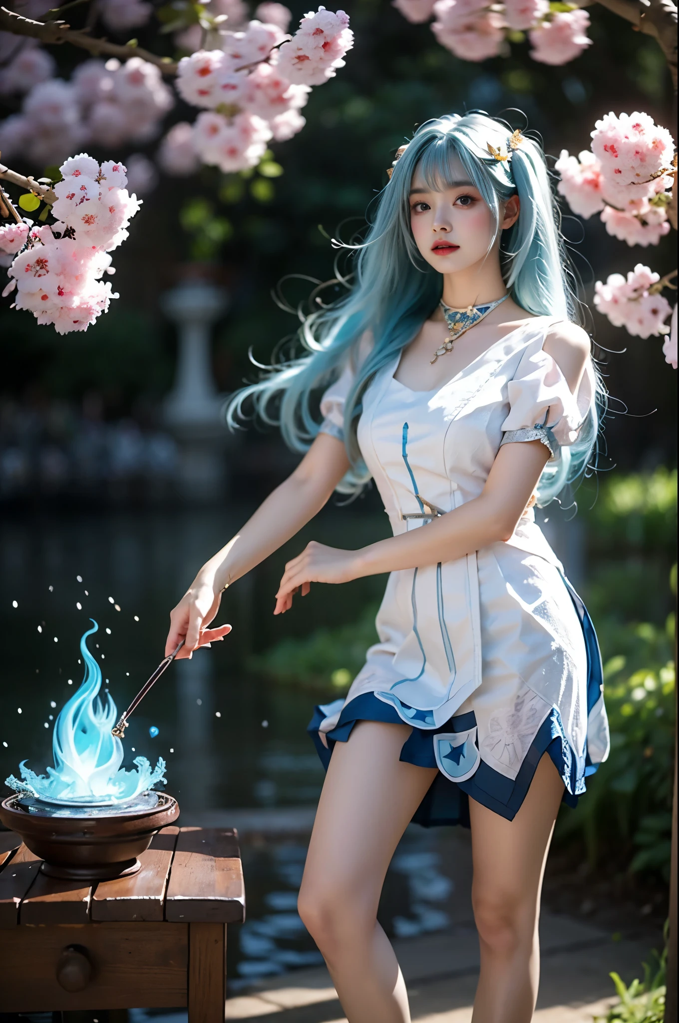 Faruzan_genshin, cowboy shot, aqua hair, long hair, twin tails, x hair ornament, jewelry, white dress, dress, short sleeves, high heels, Elegant posture, She gently lifted her skirt with one hand,头发周围有白色的Butterfly兰，Lilac dendrobium、White Lily, Long legs , Deep in Wonderland, ((Flowing long hair))Official Art , Unity8k Wallpaper , Extremely detailed , Visible cleavage, Pretty and beautiful , 性感Long legs, masterpiece , best quality ,Practical, Very detailed illustrations ,Extremely detailed , Intricate details , Extremely complex and detailed , Very detailed 8KCG wallpaper , Caustics .reflection , Ray Tracing , Devil theme ,nebula ,Dark aura, Network Effects , (1 girl)solitary , 小蓝Butterfly , (Blue plasma flame , (insect , Butterfly)) Pastel tones in Rococo style ,Light white and light dark red , Incredibly beautiful , Cherry blossoms , Surrealism ,painting , Ethereal , Mixing reality and fantasy elements ,Ray Tracing , Complex Mode , Exquisite lines , Perfect your hands, Starry Sky , Colorful , Star