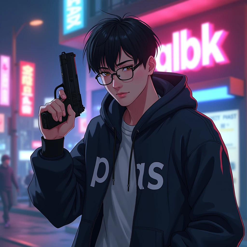 Create a character anime, {{background: text “GLBK”, night city}},
realistic, HDR, use glasses, handsome, korean style, full body, use pistol, age 20, hoodie HD text: “PRAS”