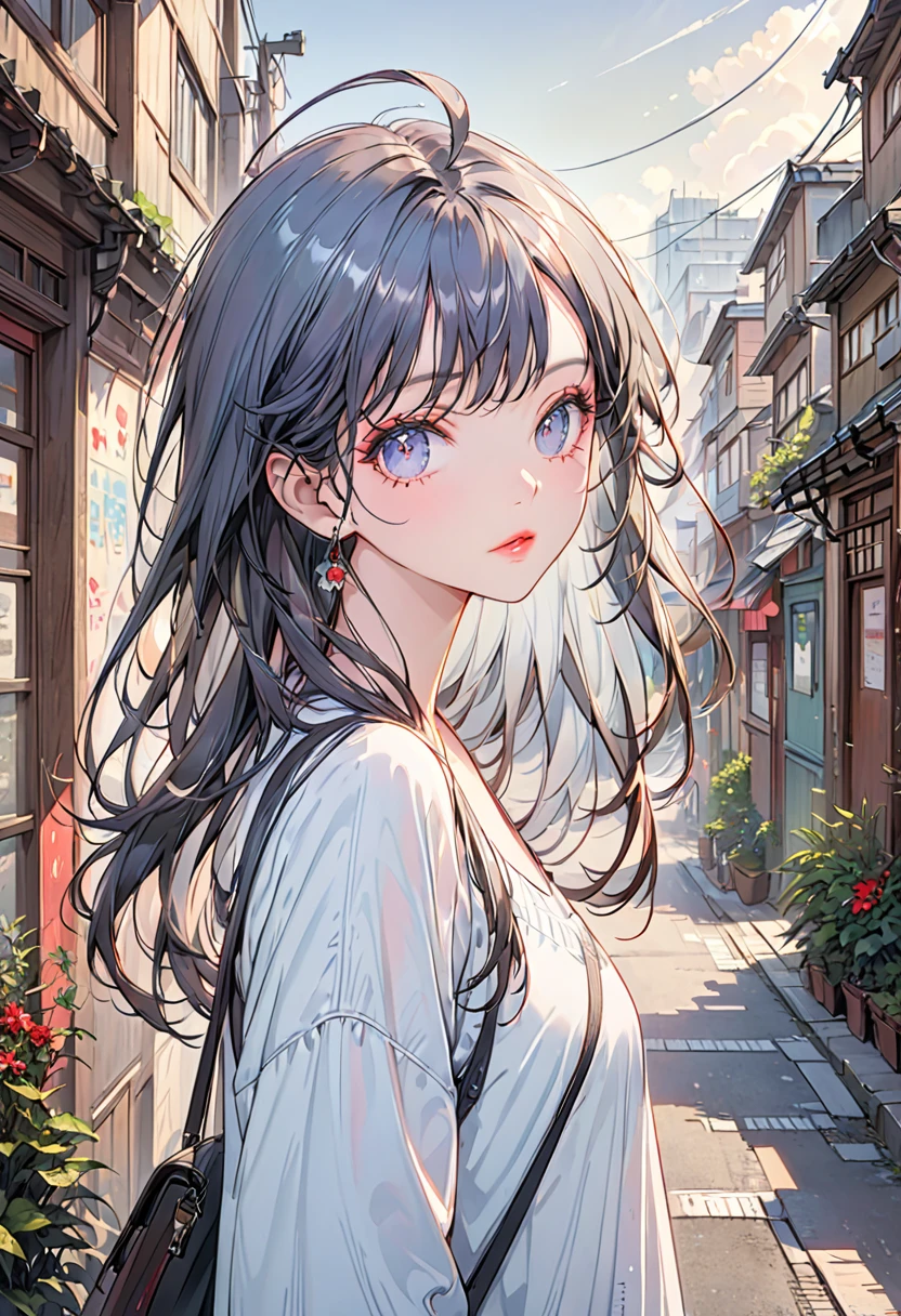 The background is an urban city(Highest quality,Very detailed,High resolution:1.2),Slim beautiful girl，very_Long eyelashes, Detailed lips, Cool look, Soft Skin, Shiny Hair,Exquisite makeup,Face up、Casual clothing、Ahoge