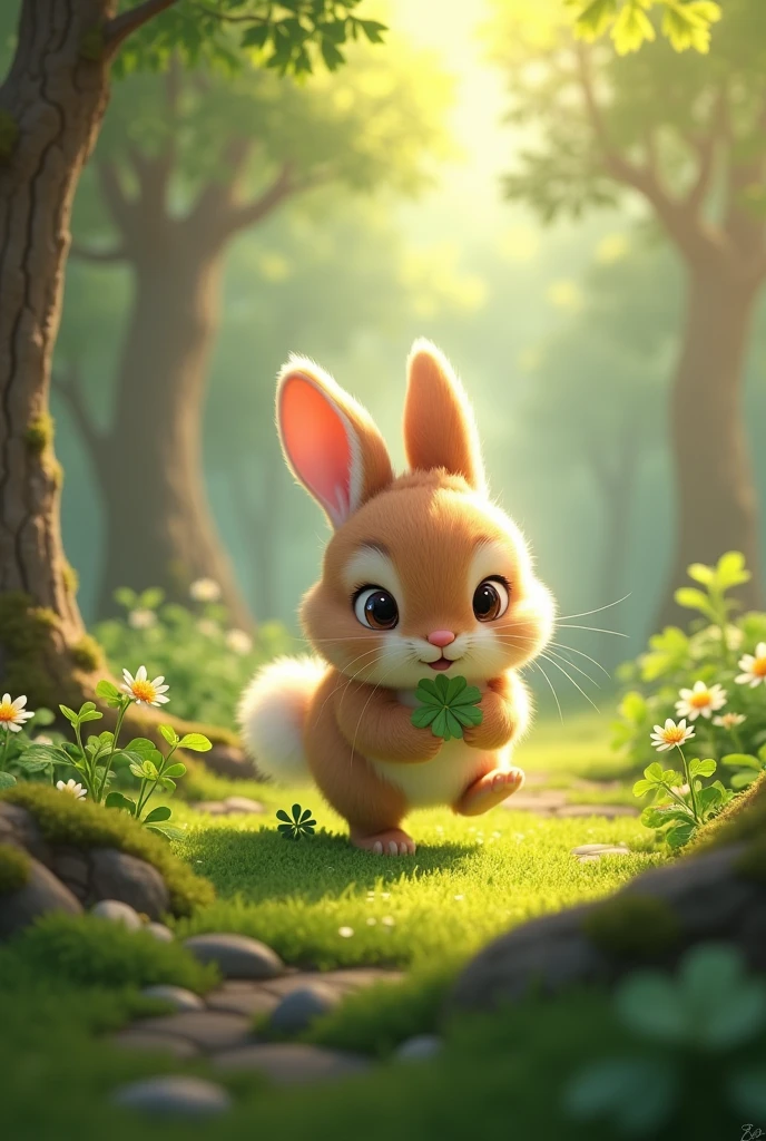 Margo, a small, fluffy bunny, loved hopping through the woods, nibbling on clover and basking in the sun.
Generate a serene woodland scene with a small, fluffy bunny (Margo), hopping around and nibbling on clover. The scene is bright and sunny, with rays of sunlight streaming through the trees.