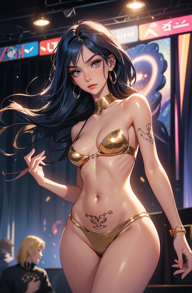 1girl,a beautiful fashion model ,(masterpiece, official art, best quality) (perfect eyes) , short and shiny dark blue hair, black streaks in hair, full lips, cute nose, medium , , elegant makeup, exhibitionism, naked in public, , slim thighs, toned body, shiny skin, sexy pose,,(( (slender, slim))), gold hoop earrings, eyeshadow, cute face,embarrassed, coy, surprised, blush, glittery skin, girl dancing on stage, skinny thighs, narrow hips, living outfit, toned stomach, chloeprice, tentacles. LifeStrangeChloe, tattoos, large breasts