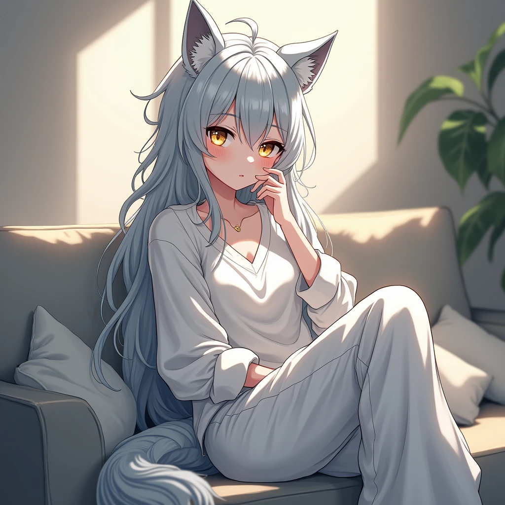 Anime, Demi-Human, Wolf, Long silver hair is a little messy, Gold eyes, white skin, wolf ears, Silver wolf tail, baggy shirt and pants, sit on the couch, 25 years