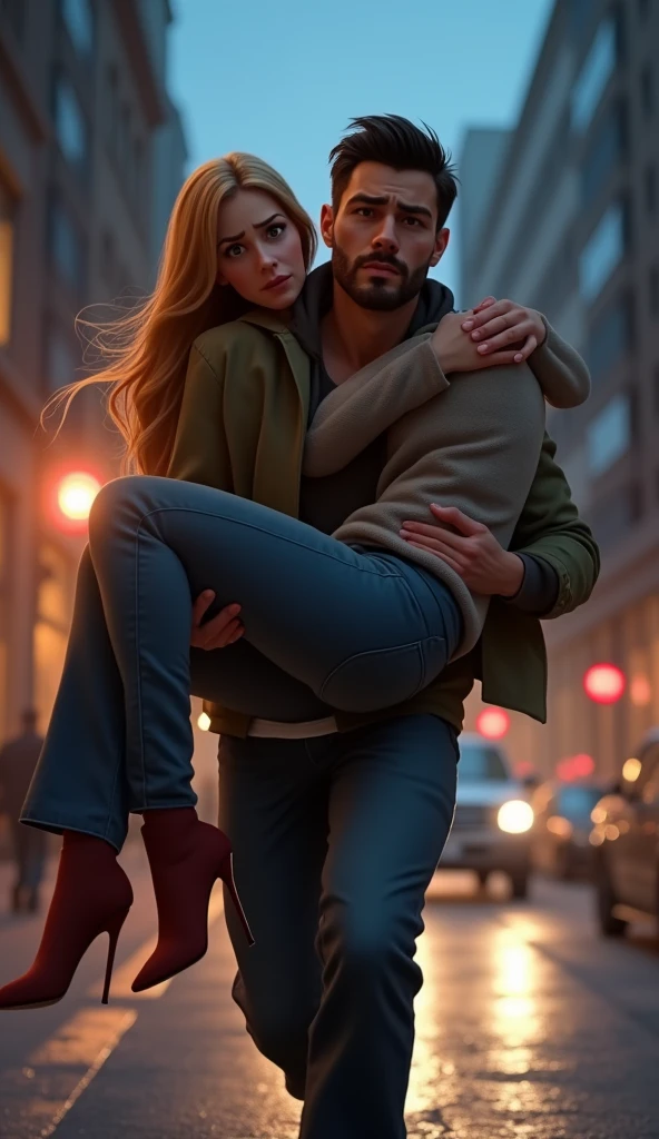 A sad handsome guy rushing his bleeding blonde wife to the hospital at evening, pixar style, cinematic, masterpiece, high-aesthetic, portrait 