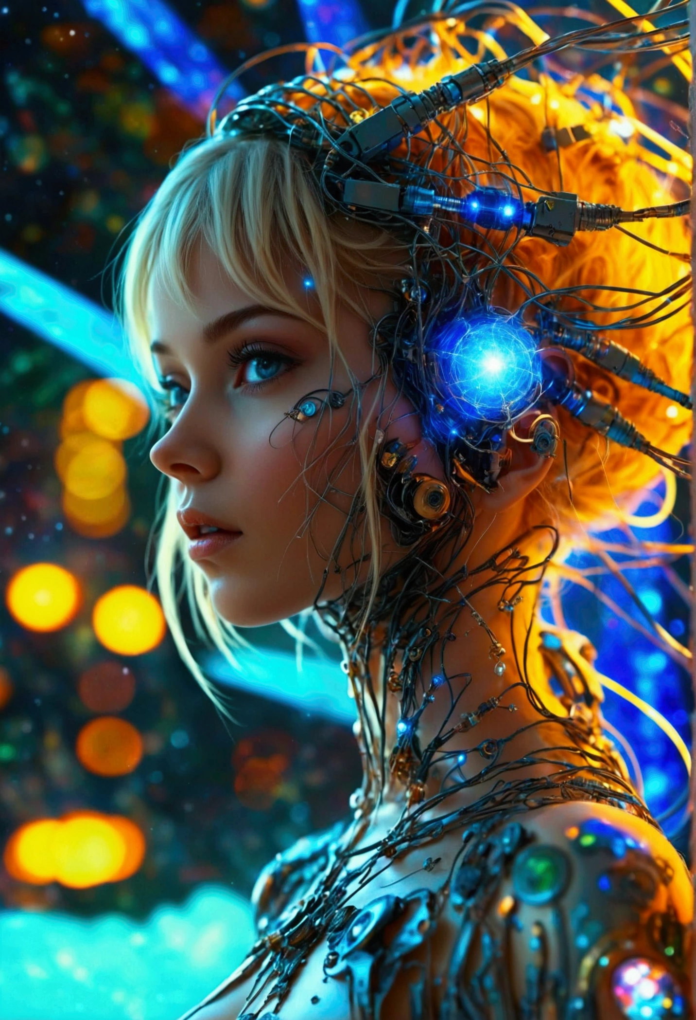 a fullbody of a woman with a head full of wires, karol bak uhd, beautiful digital artwork, blonde girl in a cosmic dress, 4k highly detailed digital art, digital art fantasy, digital art fantasy art, gorgeous digital art, digital fantasy art ), detailed fantasy digital art, digital fantasy art, beautiful sci fi art, cyborg goddess in cosmos, interstellar background scenery