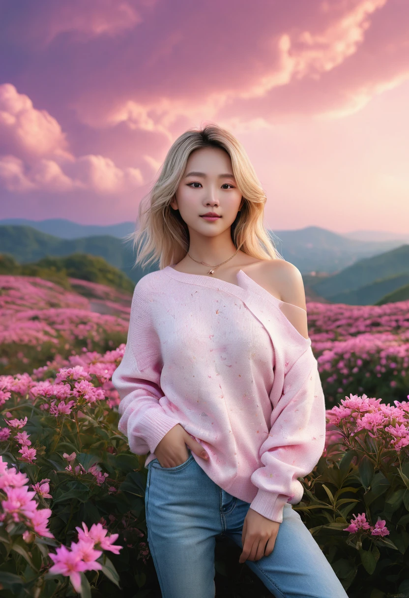 8k, master part, best qualityer, Photoshop, perfect lightning, ultra high-resolution, ultra detaild, Realistic, (Fotorrealisitic:1.4), Depth of field, 1girl , Linhka, candid pose, (8k, foto RAW, best qualityer, Masterpiece artwork:1.2), (realisitic, Fotorrealisitic:1.37),pretty girl, fly away:1.2,colorful landscape with pink sky and many pink flowers, day, profesional lighting, photon maping, radiosity, Physically-based rendering, Double white shoulder sweater, slenderbody, ssmile, asian woman with blonde hair, Facing forward, fully body, Exquisite face, clear eyes, longye hair, perfectbody,gazing at viewer, necklase, duffel bag, 5-fingered hand,little clothing,sexly, small breast,wide hip