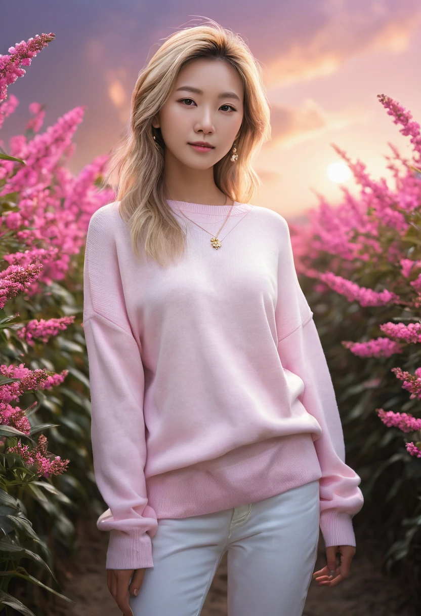 8k, master part, best qualityer, Photoshop, perfect lightning, ultra high-resolution, ultra detaild, Realistic, (Fotorrealisitic:1.4), Depth of field, 1girl , Linhka, candid pose, (8k, foto RAW, best qualityer, Masterpiece artwork:1.2), (realisitic, Fotorrealisitic:1.37),pretty girl, fly away:1.2,colorful landscape with pink sky and many pink flowers, day, profesional lighting, photon maping, radiosity, Physically-based rendering, Double white shoulder sweater, slenderbody, ssmile, asian woman with blonde hair, Facing forward, fully body, Exquisite face, clear eyes, longye hair, perfectbody,gazing at viewer, necklase, duffel bag, 5-fingered hand,little clothing,sexly, small breast,wide hip