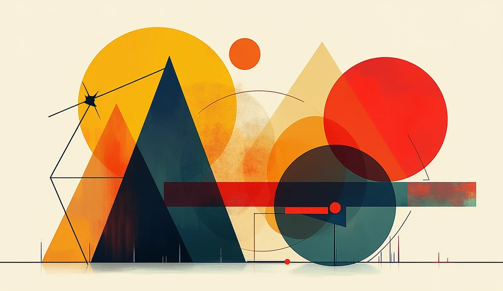 An abstract composition of overlapping geometric shapes, such as triangles, circles, and lines, in bold and vibrant colors like red, yellow, blue, and green. The design should be modern and artistic, with a balanced mix of sharp angles and smooth curves.